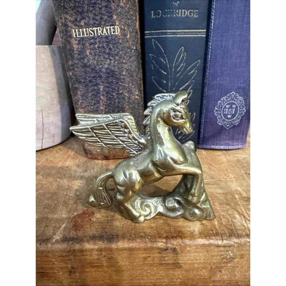 Vintage Small Solid Brass Winged  Horse Pegasus Figure 3” Paperweight Mythical